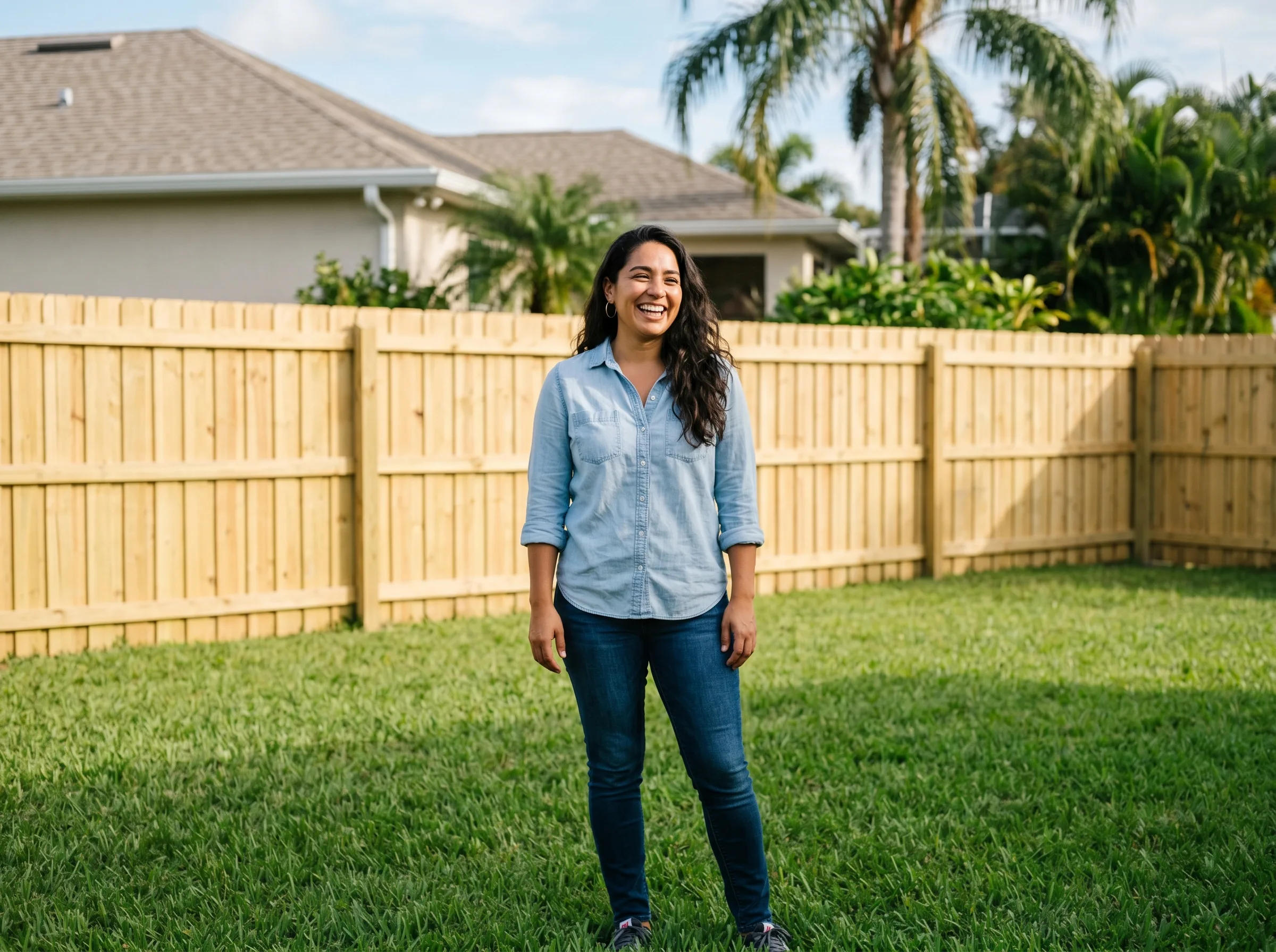 Happy Marion County homeowner standing in front of her brand-new fence install by Ocala Fence Install