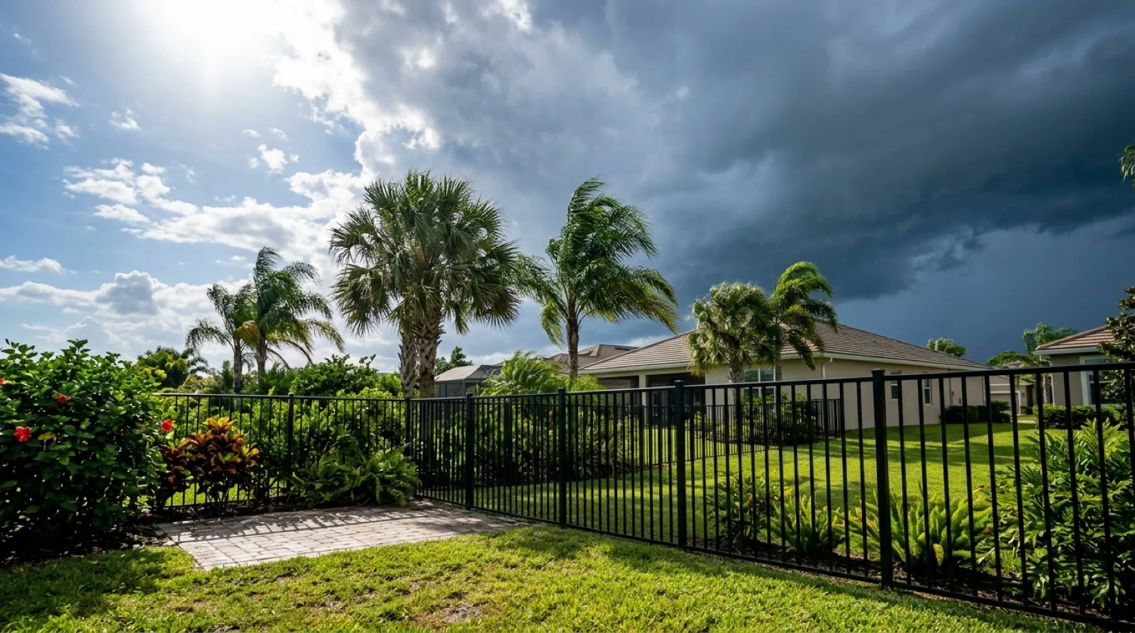 White vinyl privacy fence in a sunny Ocala, Florida backyard with green grass, palm trees and dark summer storm clouds building in the distance