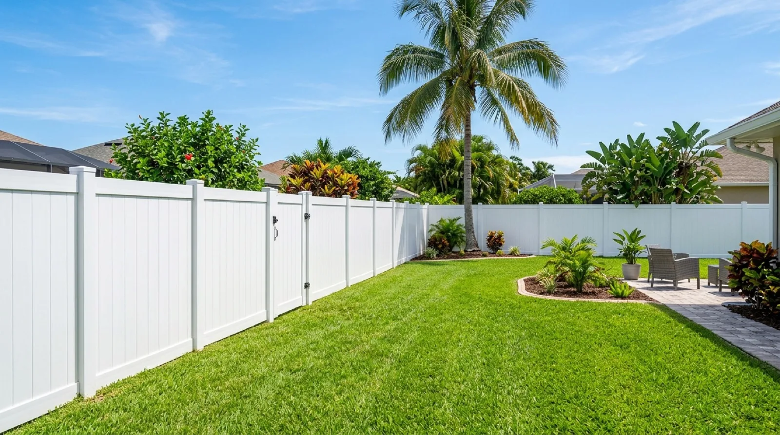 New white vinyl privacy fence and wood fence sections along a green residential backyard in Ocala, Florida