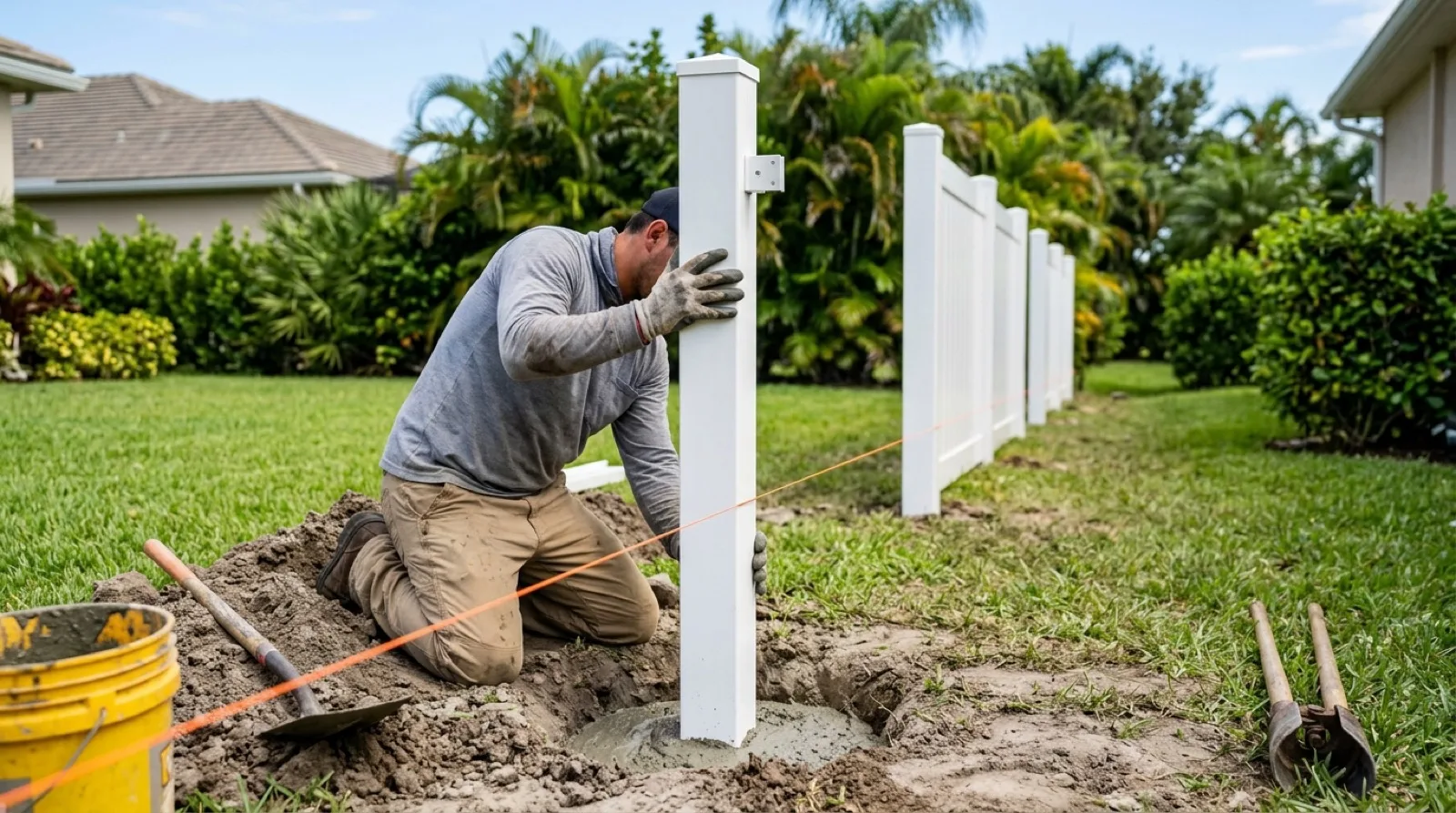 Fence crew setting white vinyl privacy fence posts along a marked property line in a residential Ocala, Florida backyard