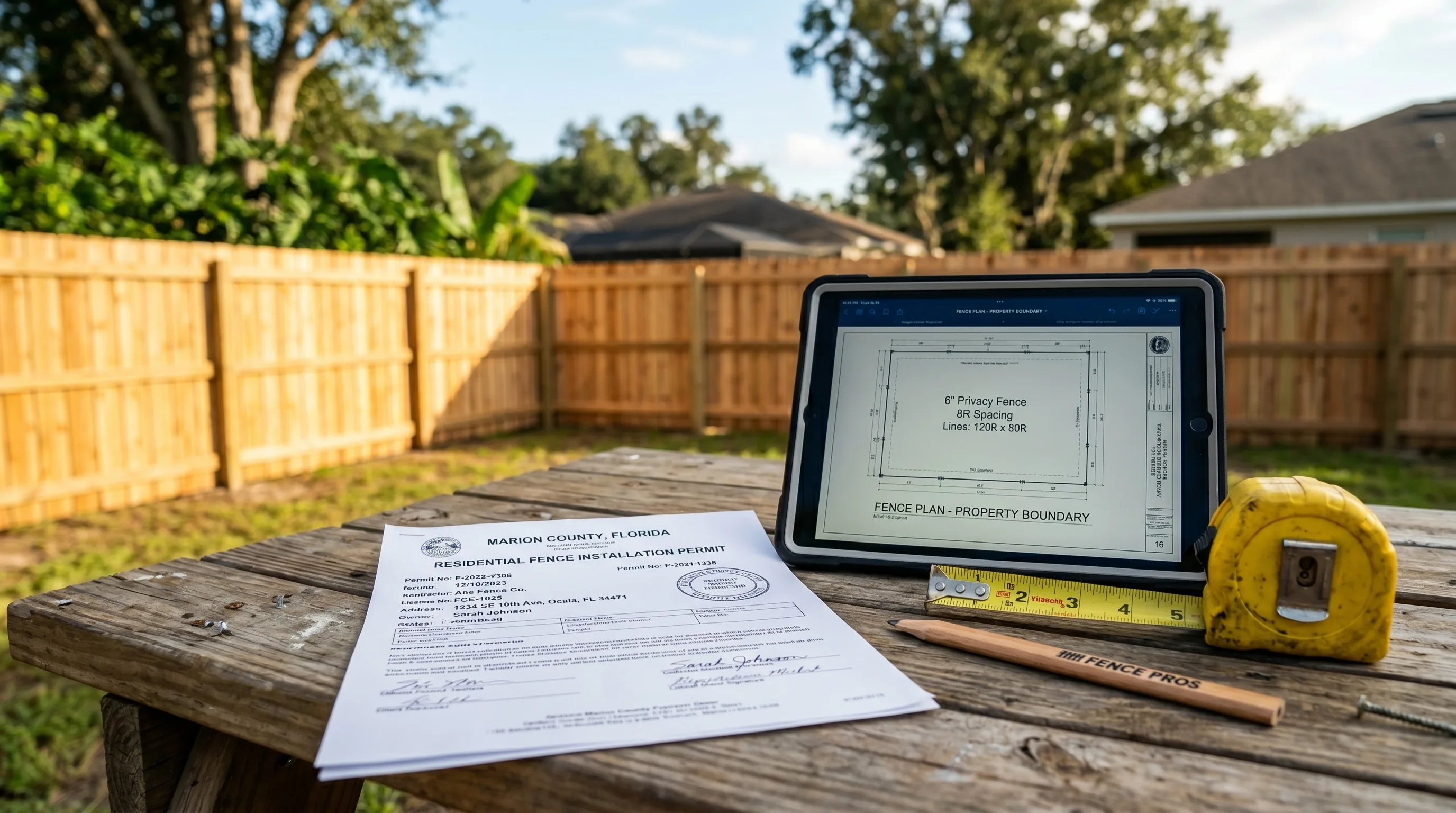Marion County FL fence permit document and tablet with fence plans on wood worktable