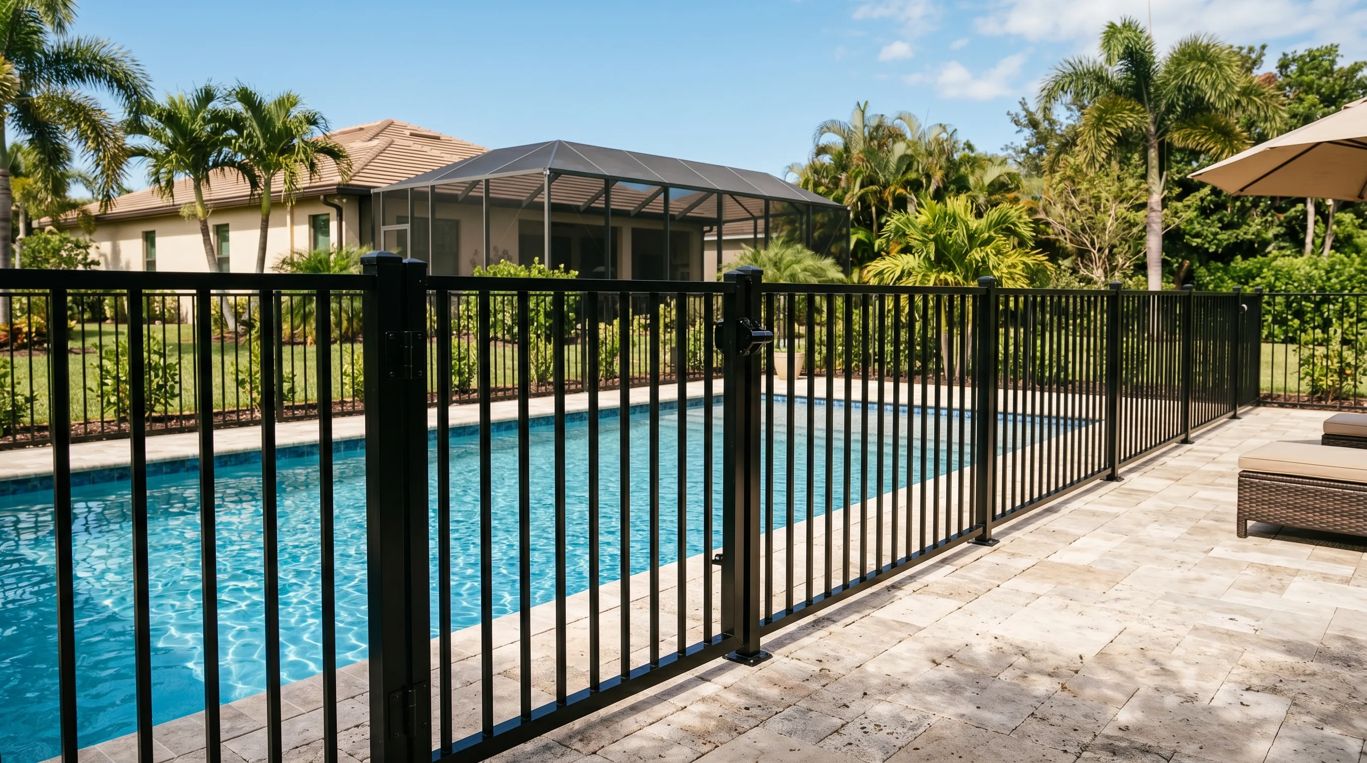 Pool-code-compliant black aluminum fence around residential swimming pool in Ocala FL