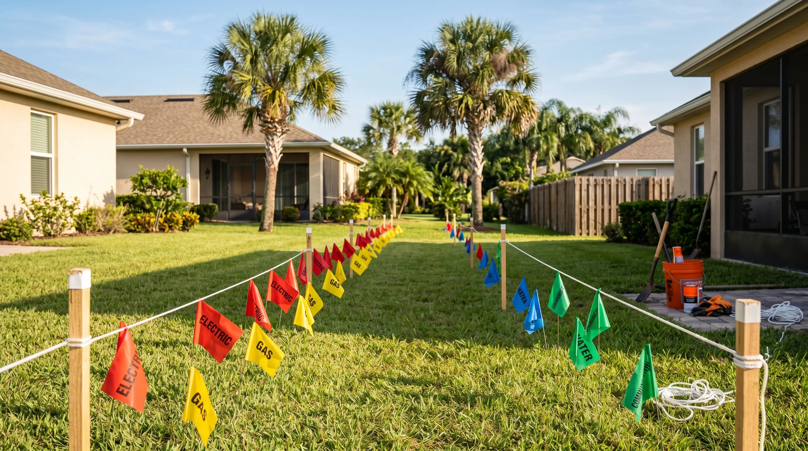 Backyard with utility flags and stakes marking fence line before installation in Marion County FL
