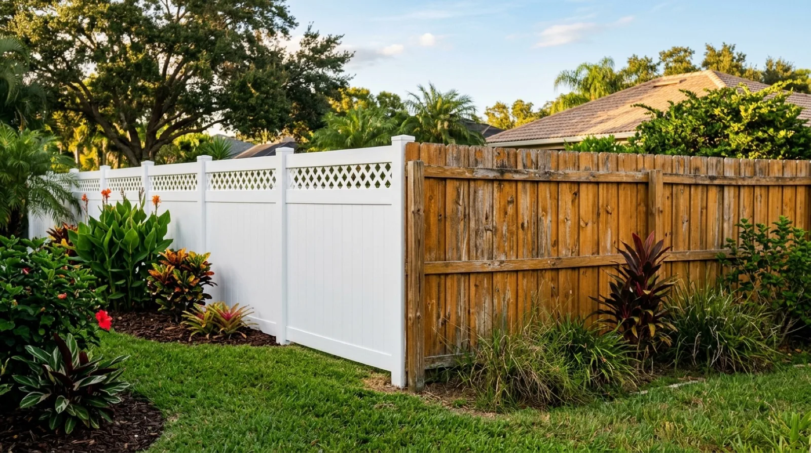 White vinyl privacy fence installed next to a stained wood privacy fence in a Central Florida backyard near Ocala FL