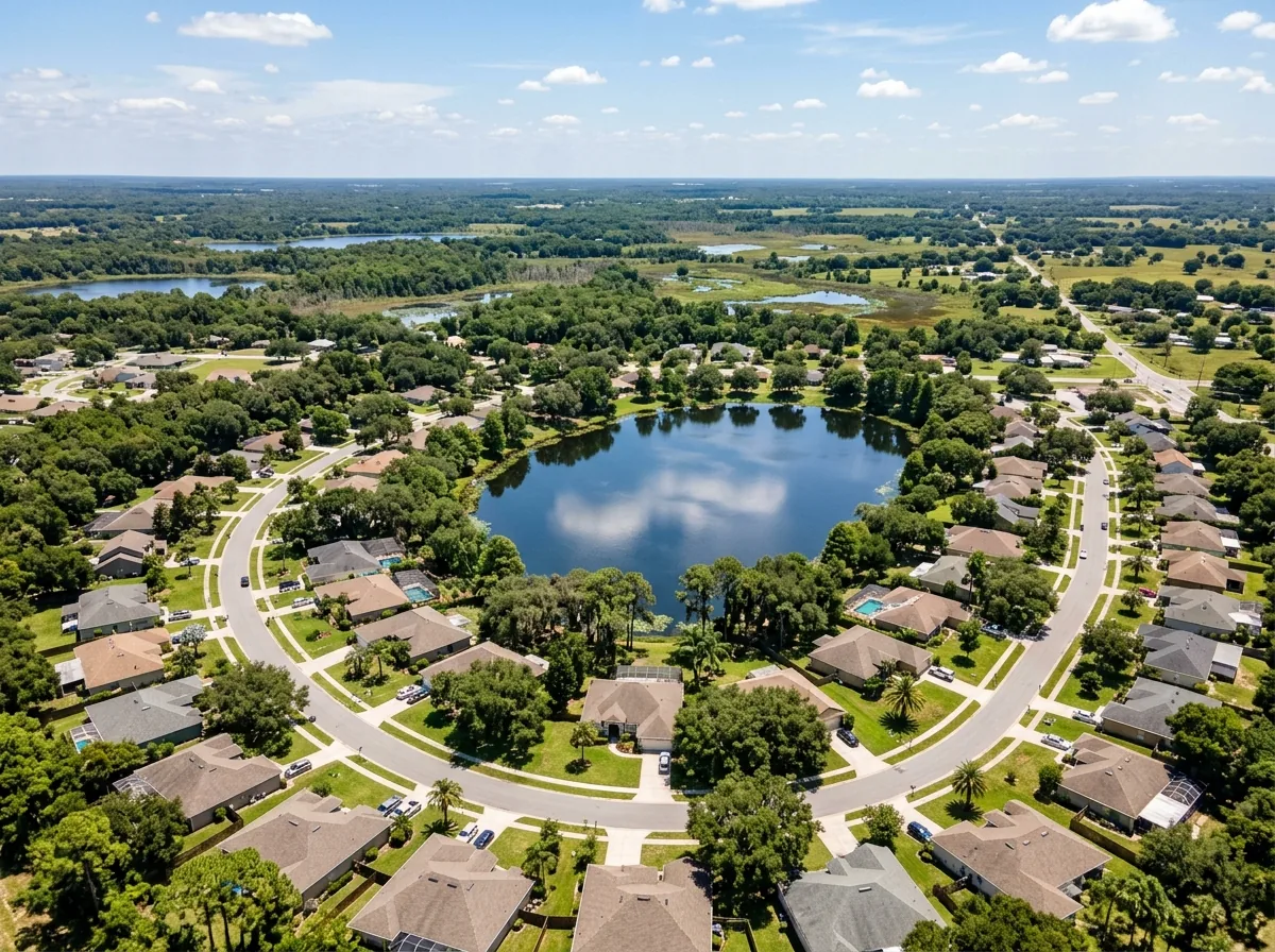 Lady Lake FL residential community surrounding circular lake — fence installation Lake County 32159