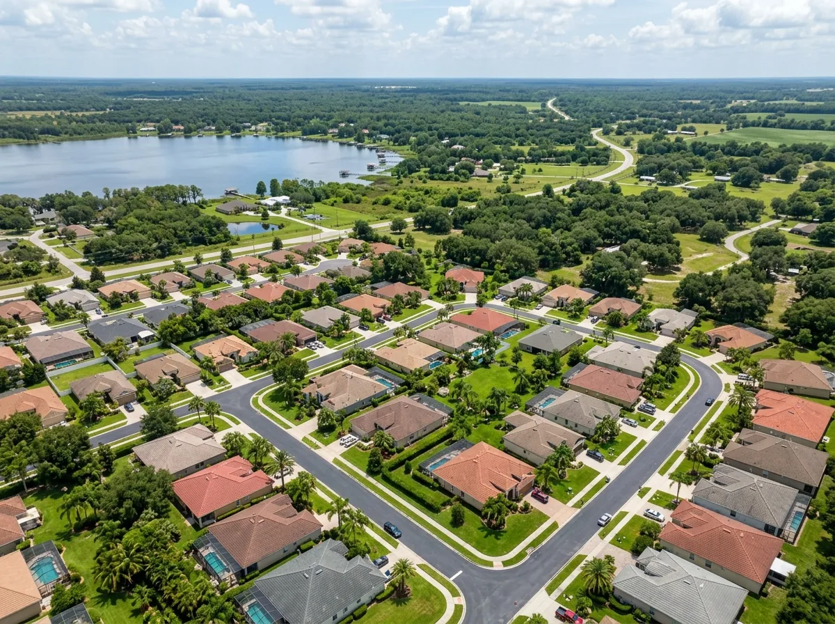 Aerial of Summerfield FL residential community with lake — fence installation Marion County 34491