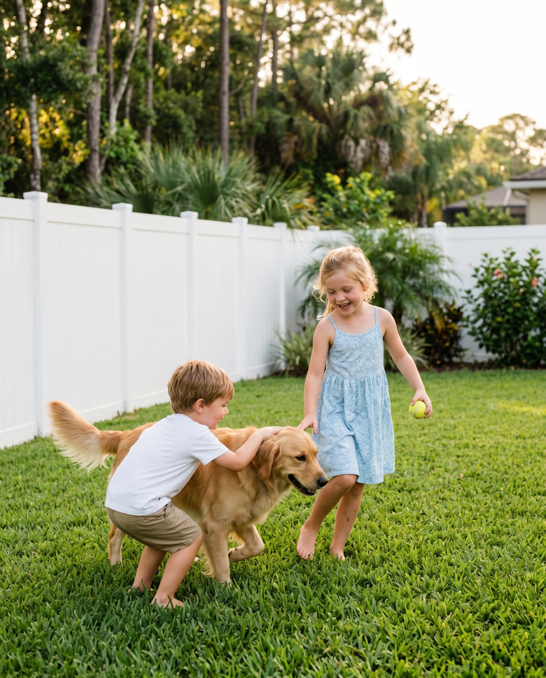 Two children and a golden retriever playing safely inside an Ocala backyard secured by a tall white vinyl privacy fence — Florida fence installation