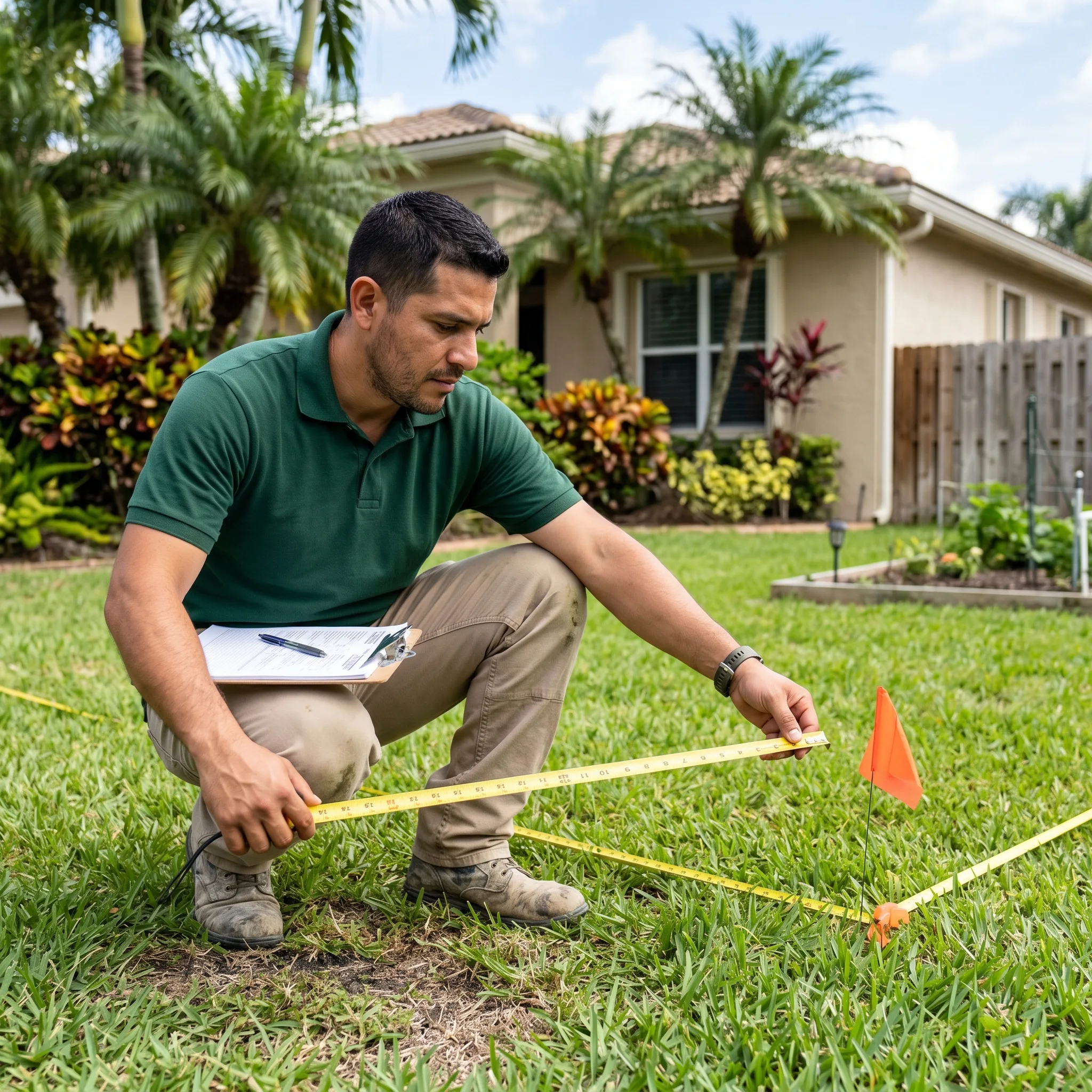 Ocala Fence Install contractor measuring a Florida residential backyard with a tape measure