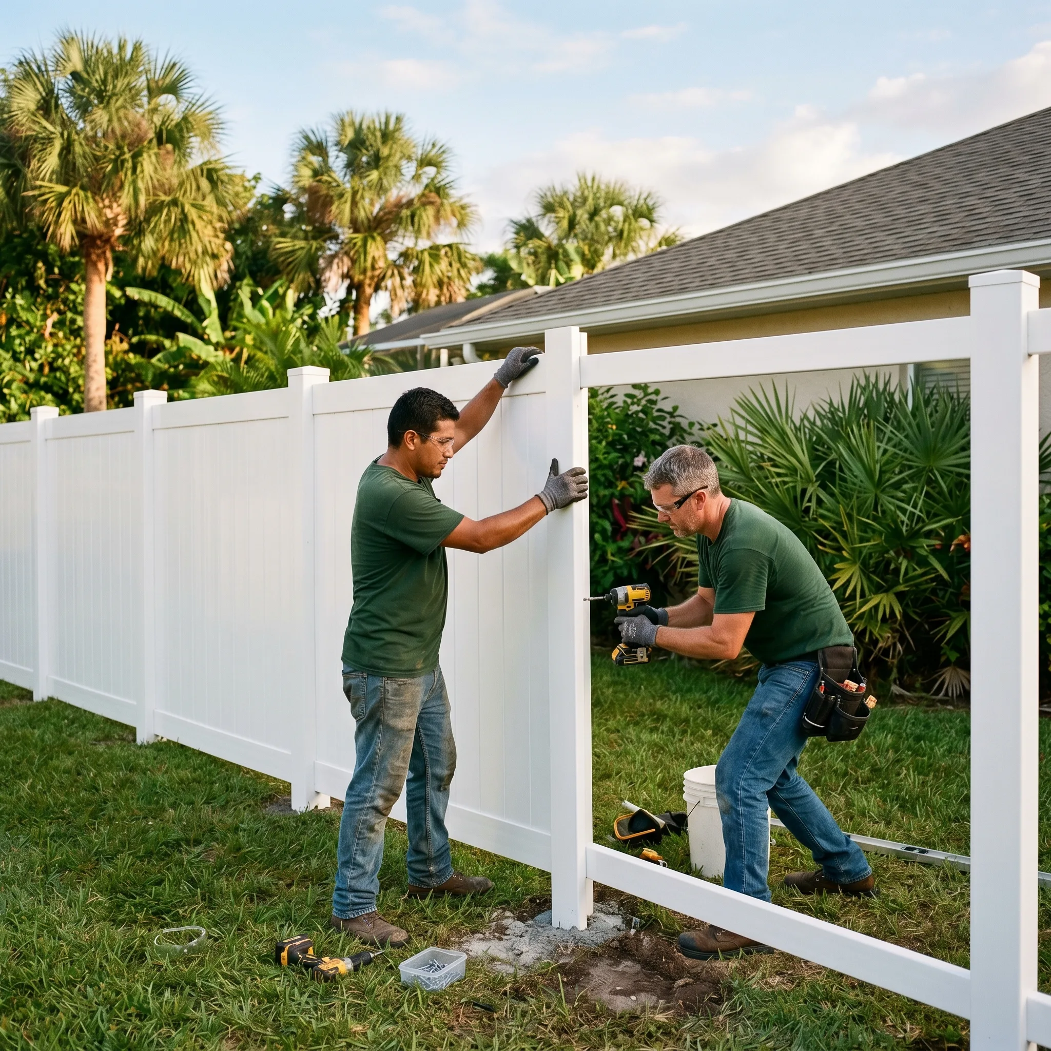 Ocala Fence Install crew installing a white vinyl privacy fence in a Florida backyard