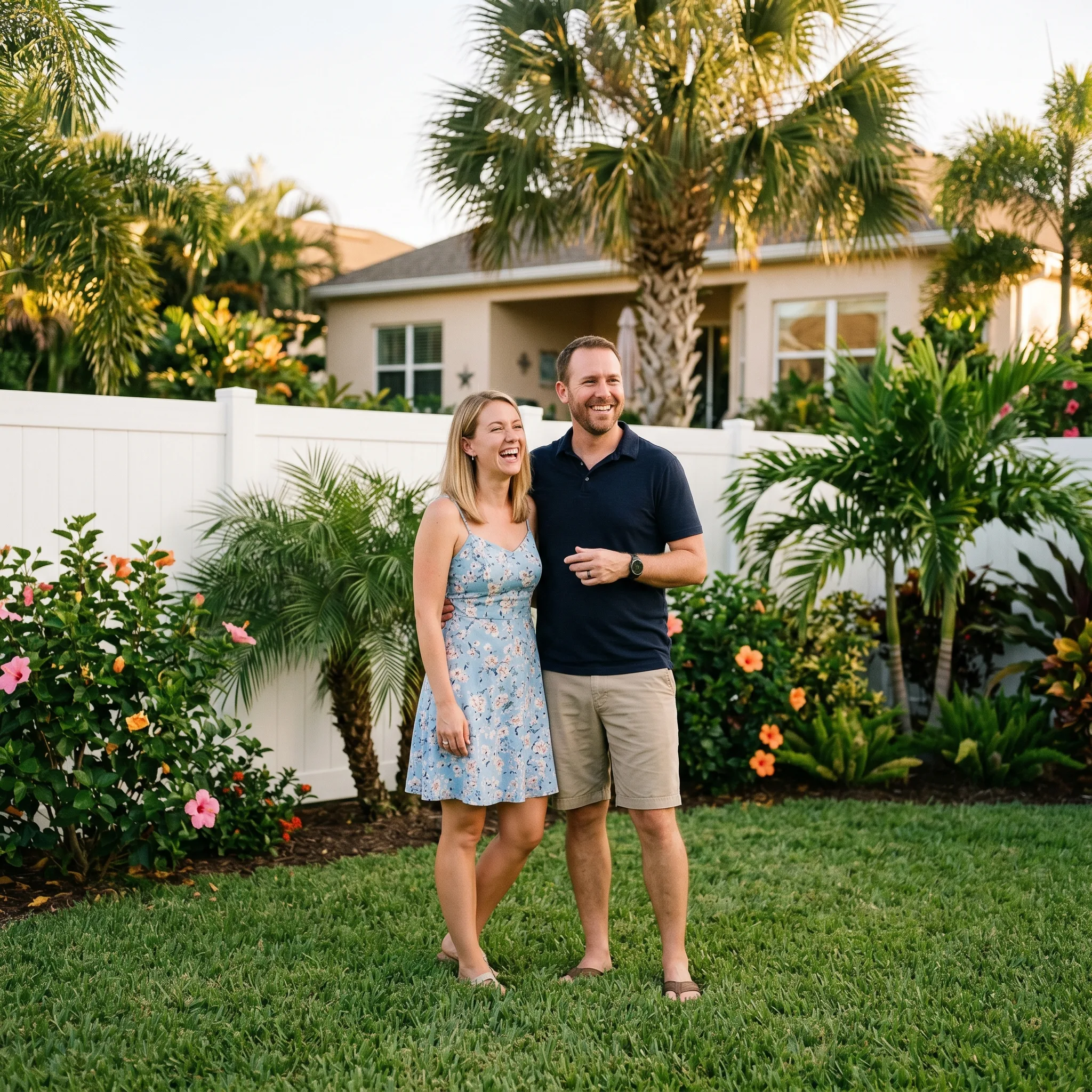 Happy Florida homeowner couple enjoying their newly installed fence in their backyard