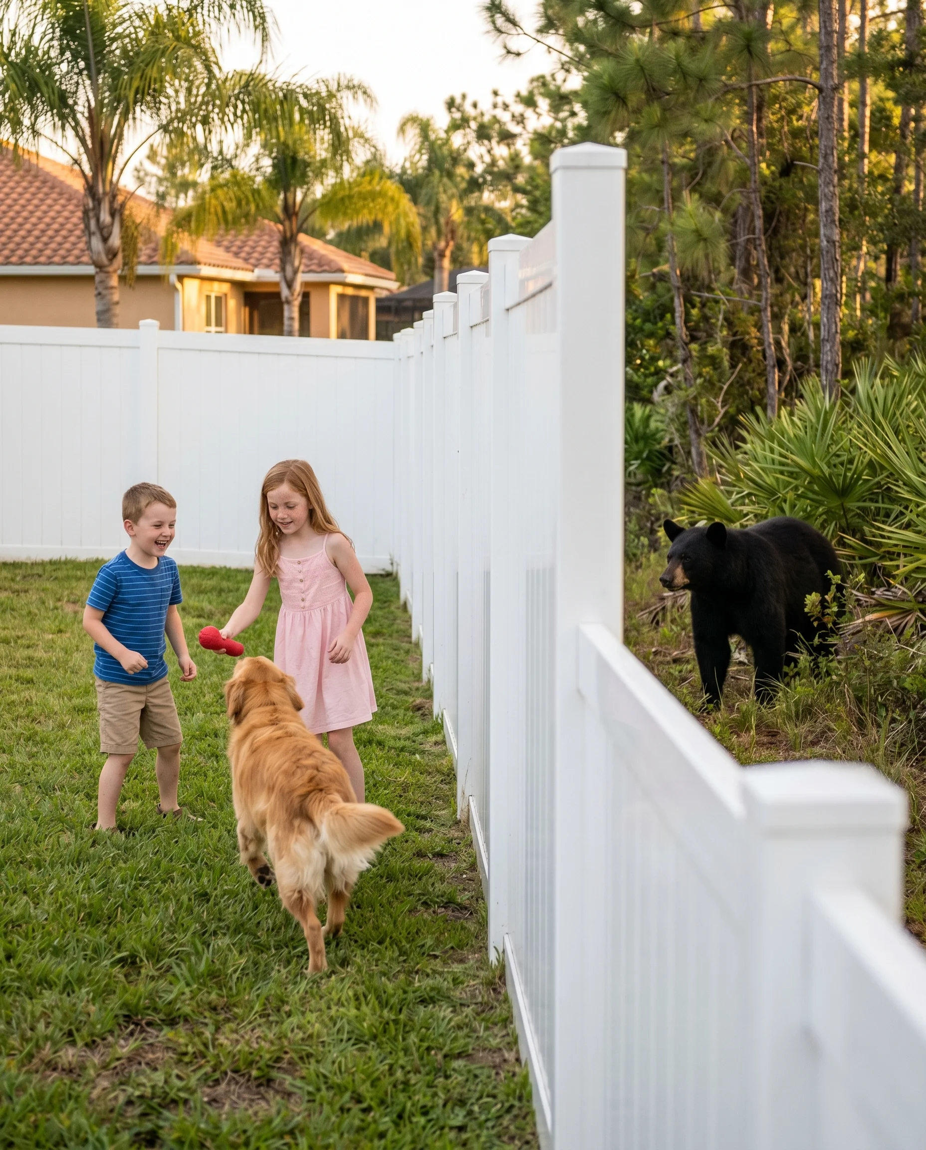 Florida black bear in the wild on one side, kids and golden retriever playing safely behind white vinyl privacy fence on the other — Ocala Marion County fence protection